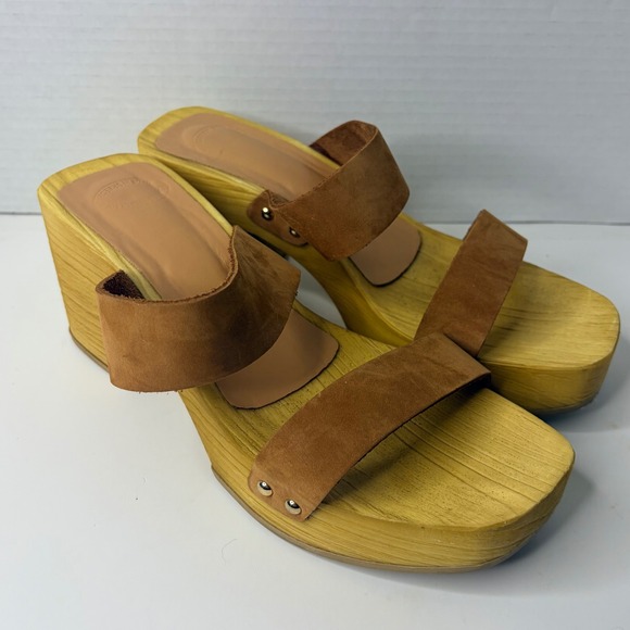 Shoes - Brown Suede Wood Platform Heels Block Slide Sandals Womens 41 Chic Boho Cottage